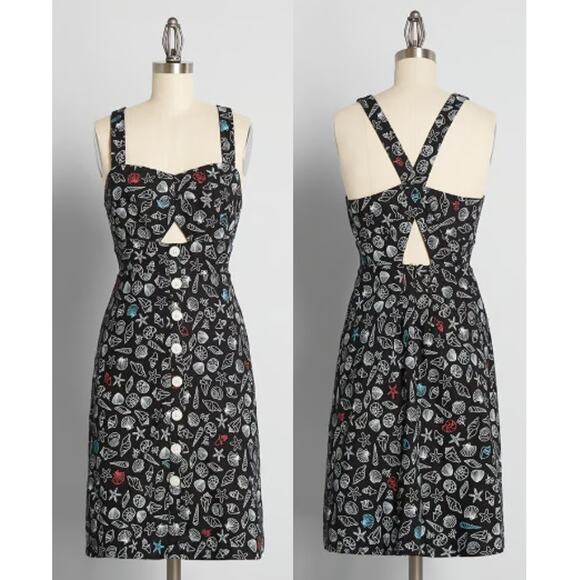 Modcloth Seashore Spectacular Linen Midi Dress Cutout Black Seashell Sz 6 NWT - Picture 2 of 11